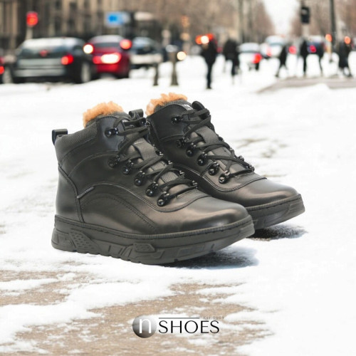 Мужские стильные черные зимние кроссовки ботинки Giorgio Minardi 1718 czarny 5483 из натуральной кожи и шерсти 44 размер со скидкой от польской фабрики