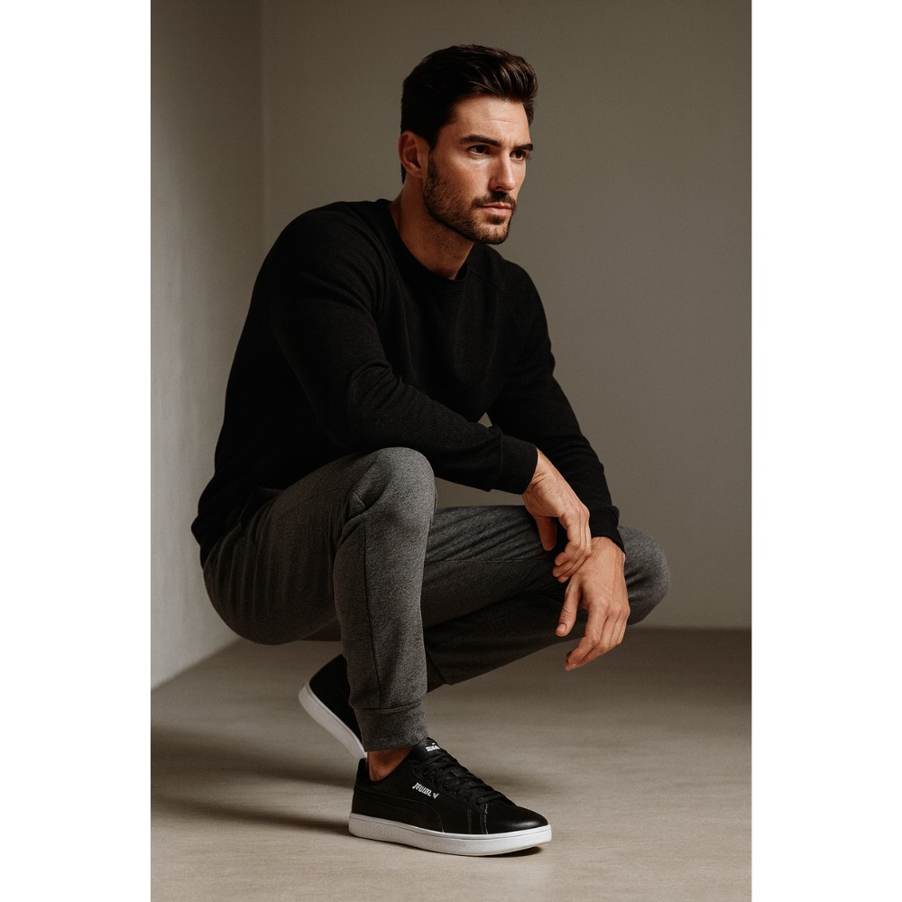 Мужские кроссовки Puma Smash 3.0 L из натуральной кожи чёрные модель 5702