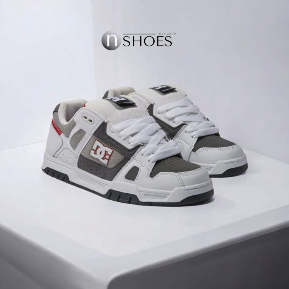 Мужские бело-серые дутые кроссовки с большими шнурками хайтопы DC STAG модель 5900