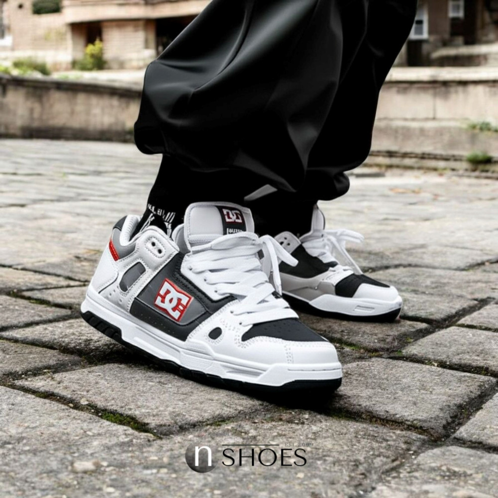 Мужские бело-серые дутые кроссовки с большими шнурками хайтопы DC STAG модель 5900