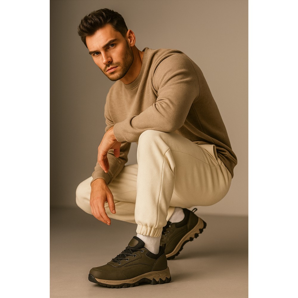 Мужские треккинговые кроссовки хаки Grunberg 148153-04-02 6079 из натуральной кожи с утеплением, мембраной Gore-Tex и подкладкой NanoTex