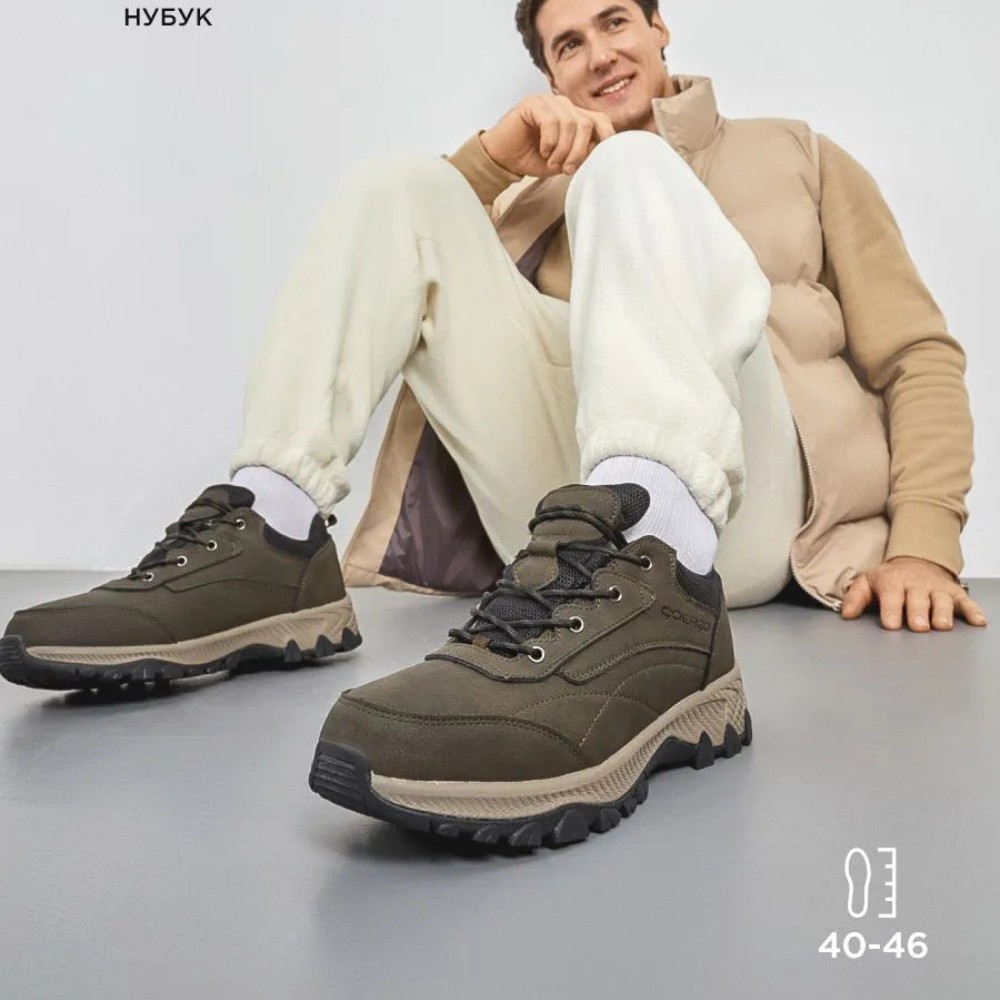 Мужские треккинговые кроссовки хаки Grunberg 148153-04-02 6079 из натуральной кожи с утеплением, мембраной Gore-Tex и подкладкой NanoTex