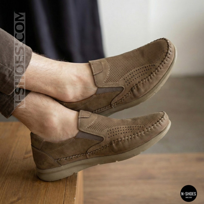 Мужские туфли с перфорацией N-SHOES Man's (Турция) 211834 020 beige nubuk 6142