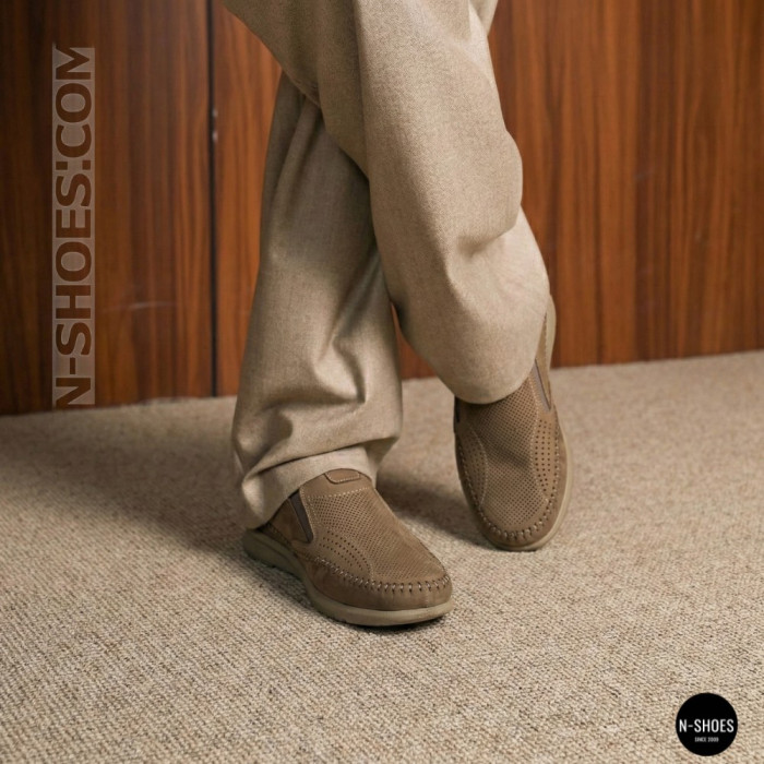 Мужские туфли с перфорацией N-SHOES Man's (Турция) 211834 020 beige nubuk 6142
