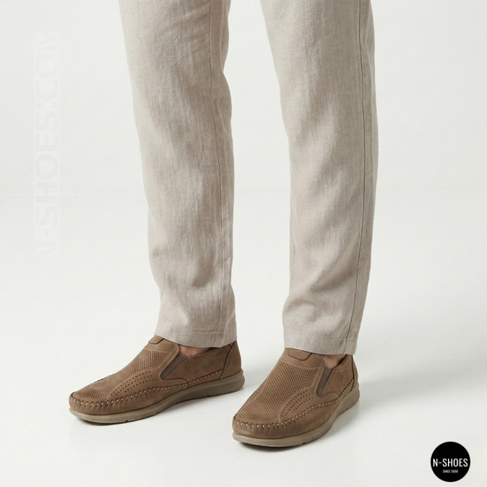 Мужские туфли с перфорацией N-SHOES Man's (Турция) 211834 020 beige nubuk 6142