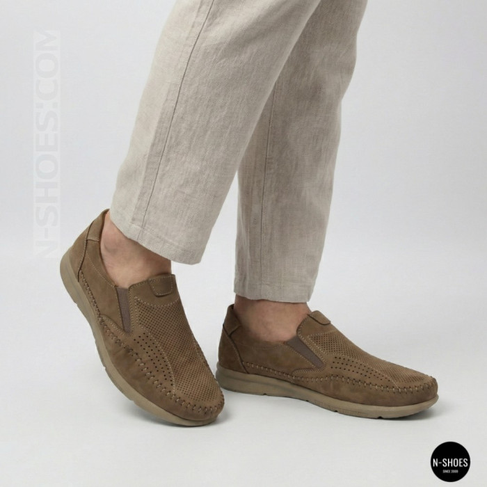 Мужские туфли с перфорацией N-SHOES Man's (Турция) 211834 020 beige nubuk 6142