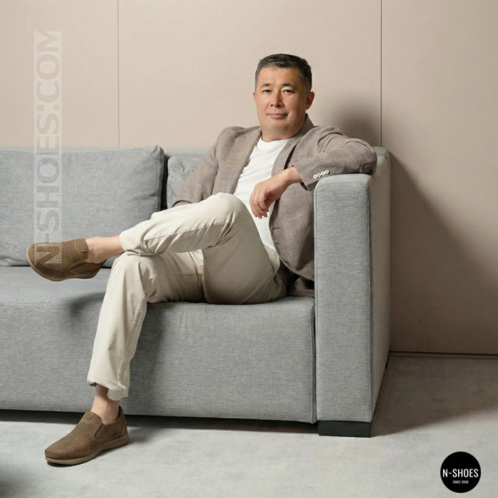 Мужские туфли с перфорацией N-SHOES Man's (Турция) 211834 020 beige nubuk 6142