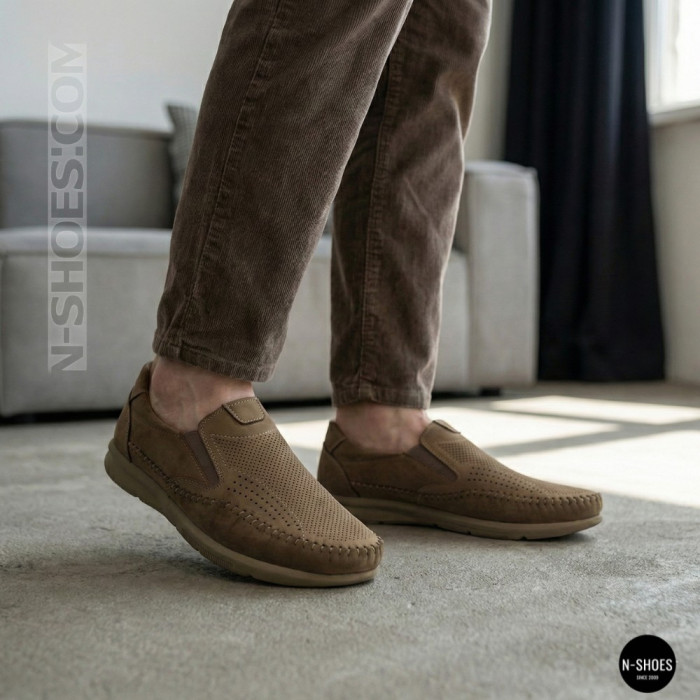 Мужские туфли с перфорацией N-SHOES Man's (Турция) 211834 020 beige nubuk 6142