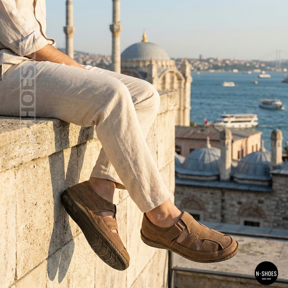 Бежеві чоловічі шкіряні туфлі-мокасини на липучці 211818 041 beige nubuk 6161