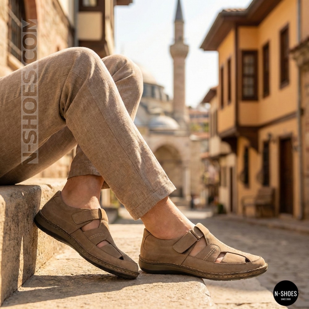 Бежеві чоловічі шкіряні туфлі-мокасини на липучці 211818 041 beige nubuk 6161