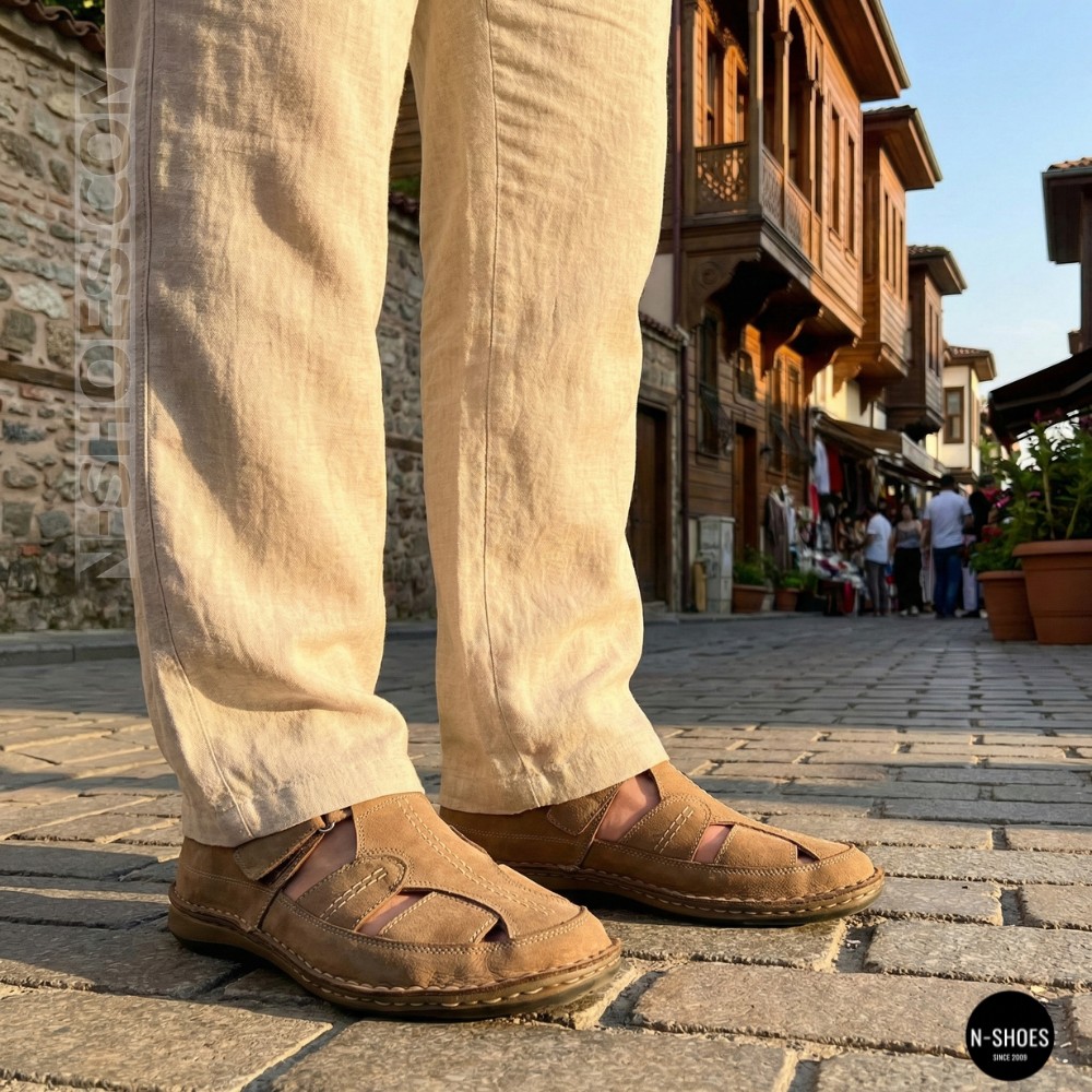 Бежеві чоловічі шкіряні туфлі-мокасини на липучці 211818 041 beige nubuk 6161