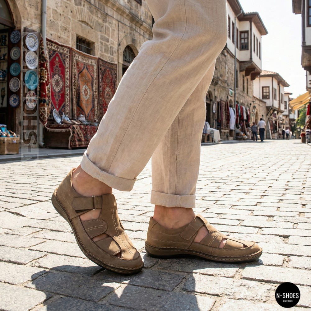 Бежеві чоловічі шкіряні туфлі-мокасини на липучці 211818 041 beige nubuk 6161