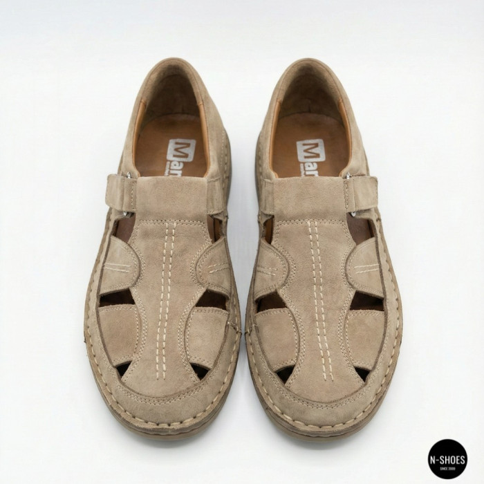Бежеві чоловічі шкіряні туфлі-мокасини на липучці 211818 041 beige nubuk 6161