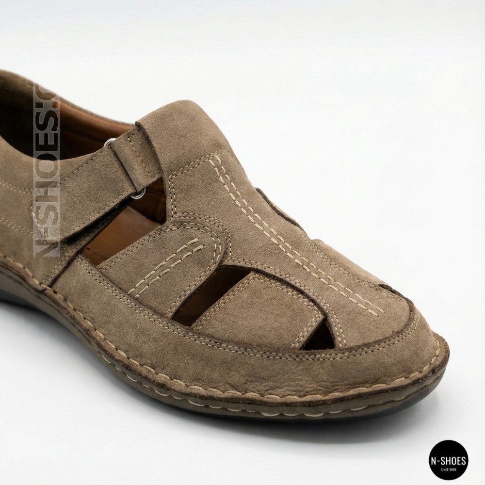 Бежеві чоловічі шкіряні туфлі-мокасини на липучці 211818 041 beige nubuk 6161