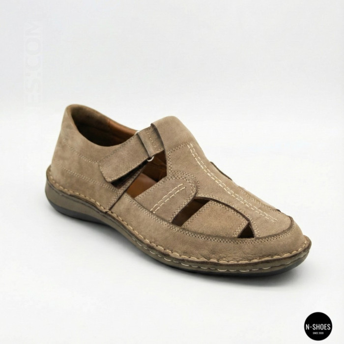 Бежеві чоловічі шкіряні туфлі-мокасини на липучці 211818 041 beige nubuk 6161