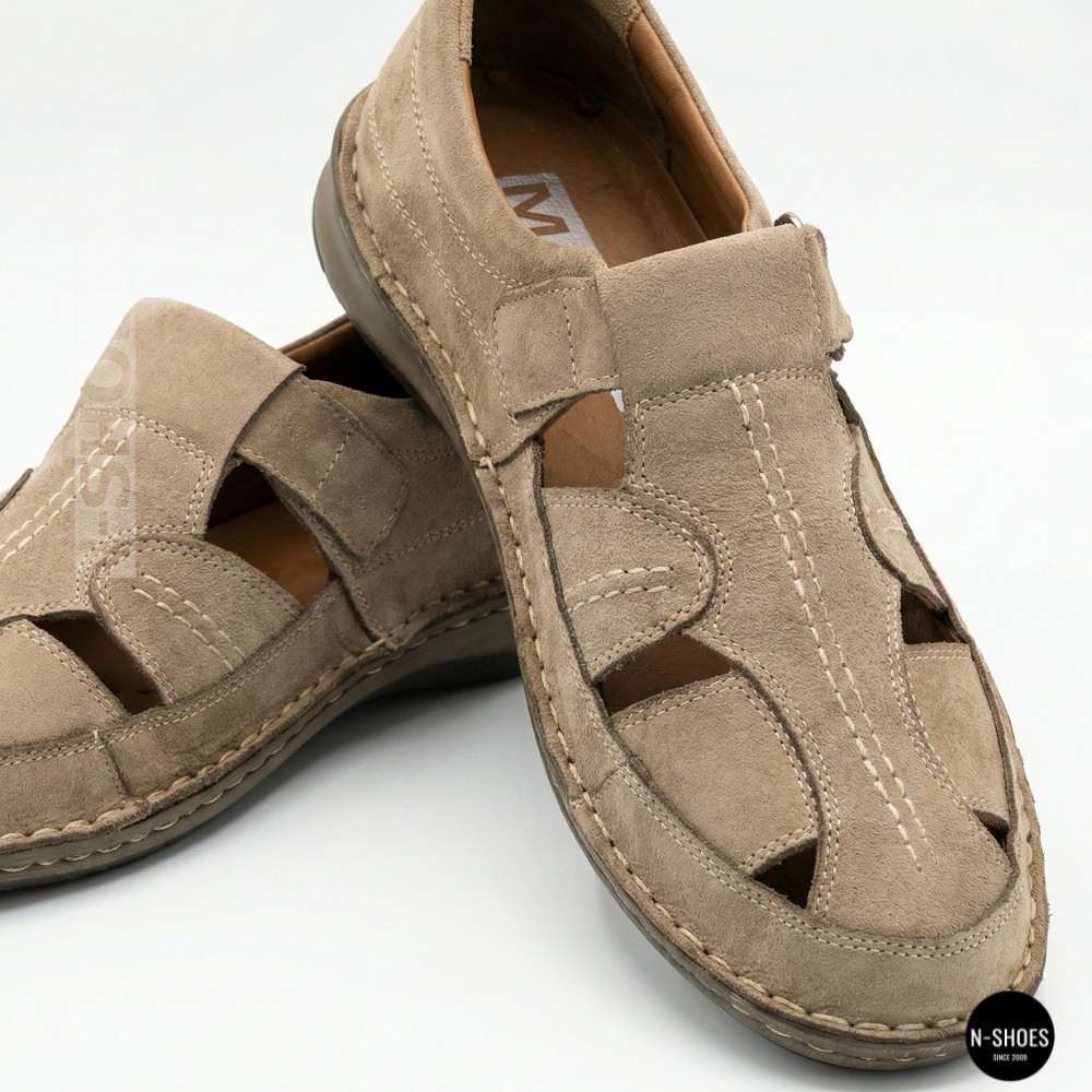 Бежеві чоловічі шкіряні туфлі-мокасини на липучці 211818 041 beige nubuk 6161