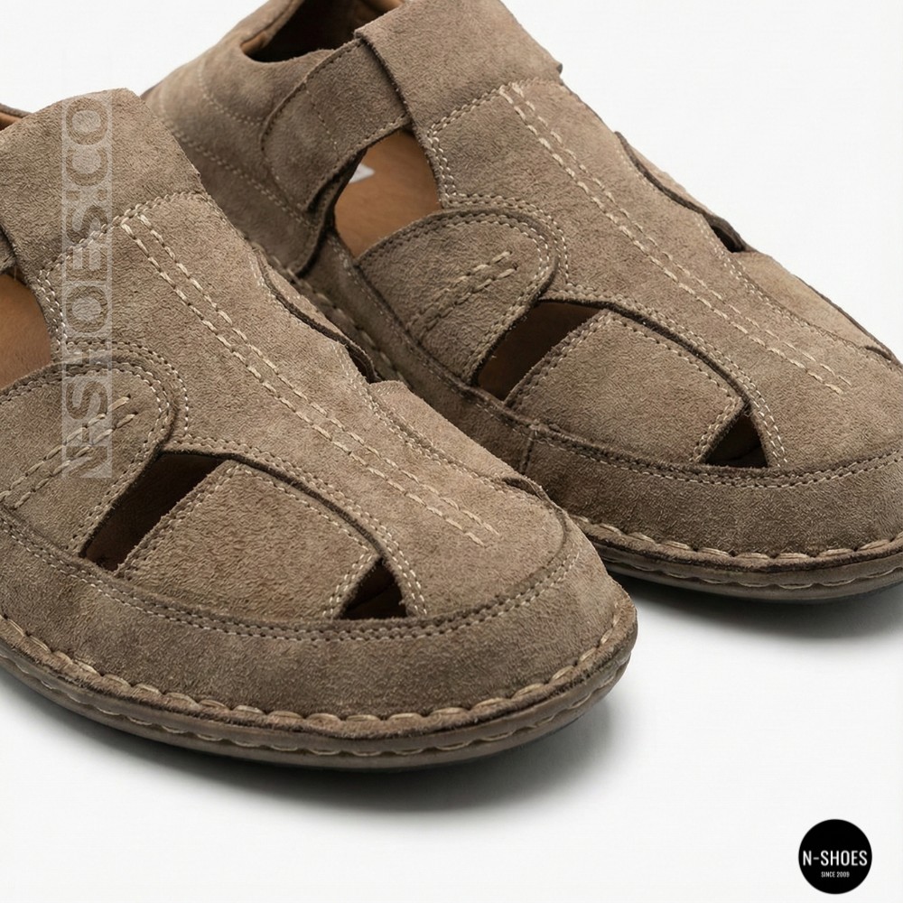 Бежеві чоловічі шкіряні туфлі-мокасини на липучці 211818 041 beige nubuk 6161