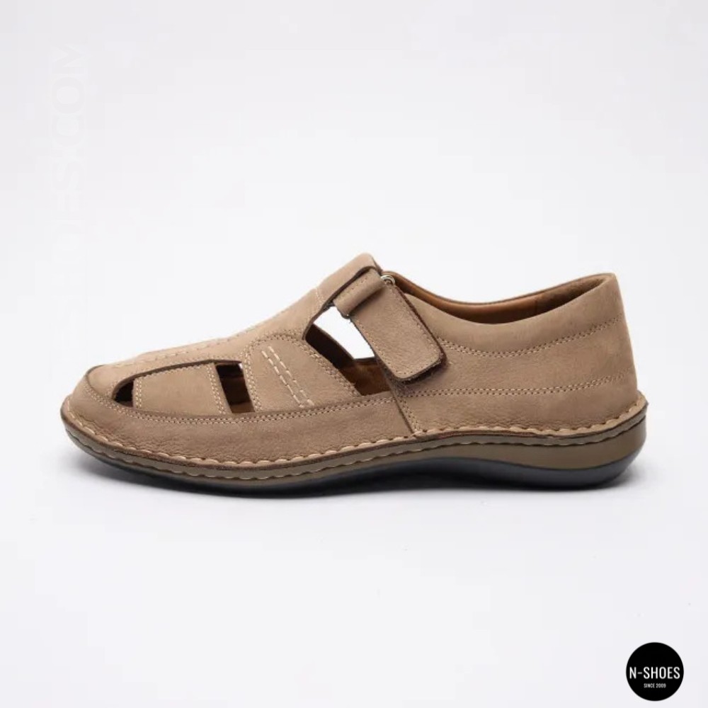 Бежеві чоловічі шкіряні туфлі-мокасини на липучці 211818 041 beige nubuk 6161