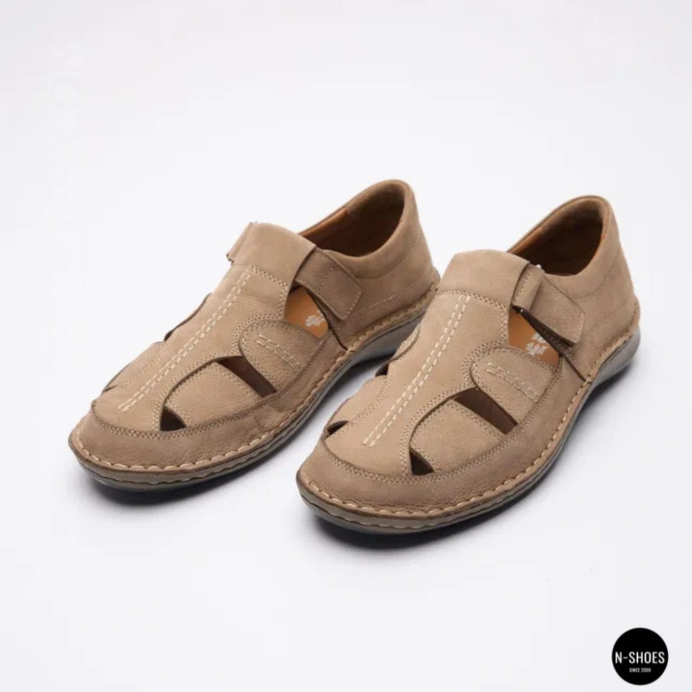 Бежеві чоловічі шкіряні туфлі-мокасини на липучці 211818 041 beige nubuk 6161