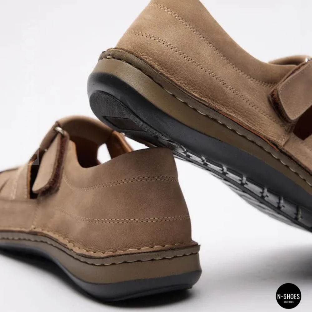 Бежеві чоловічі шкіряні туфлі-мокасини на липучці 211818 041 beige nubuk 6161