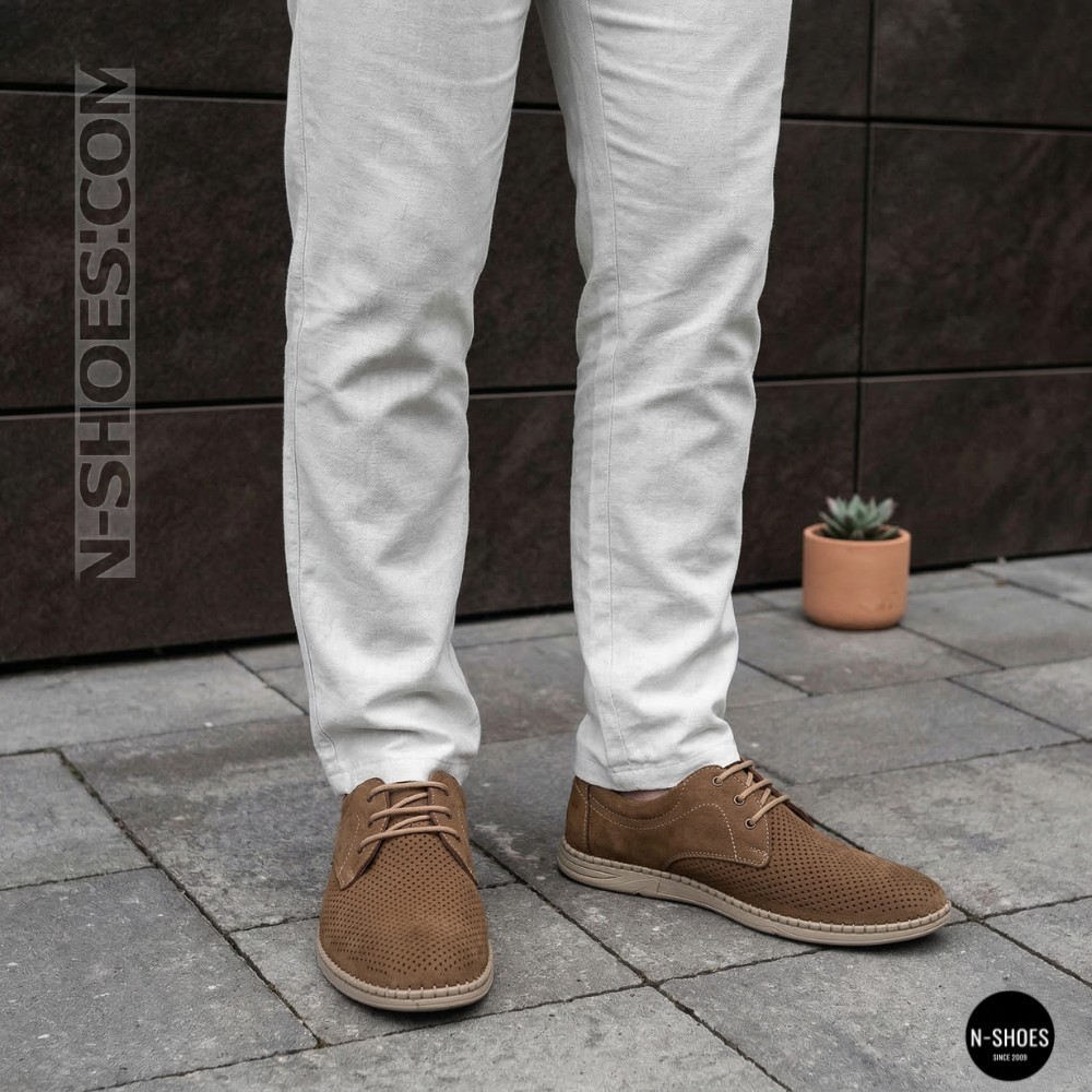 Чоловічі бежеві туфлі-мокасини з нубуку N-SHOES 211851 417 beige nubuk 6197