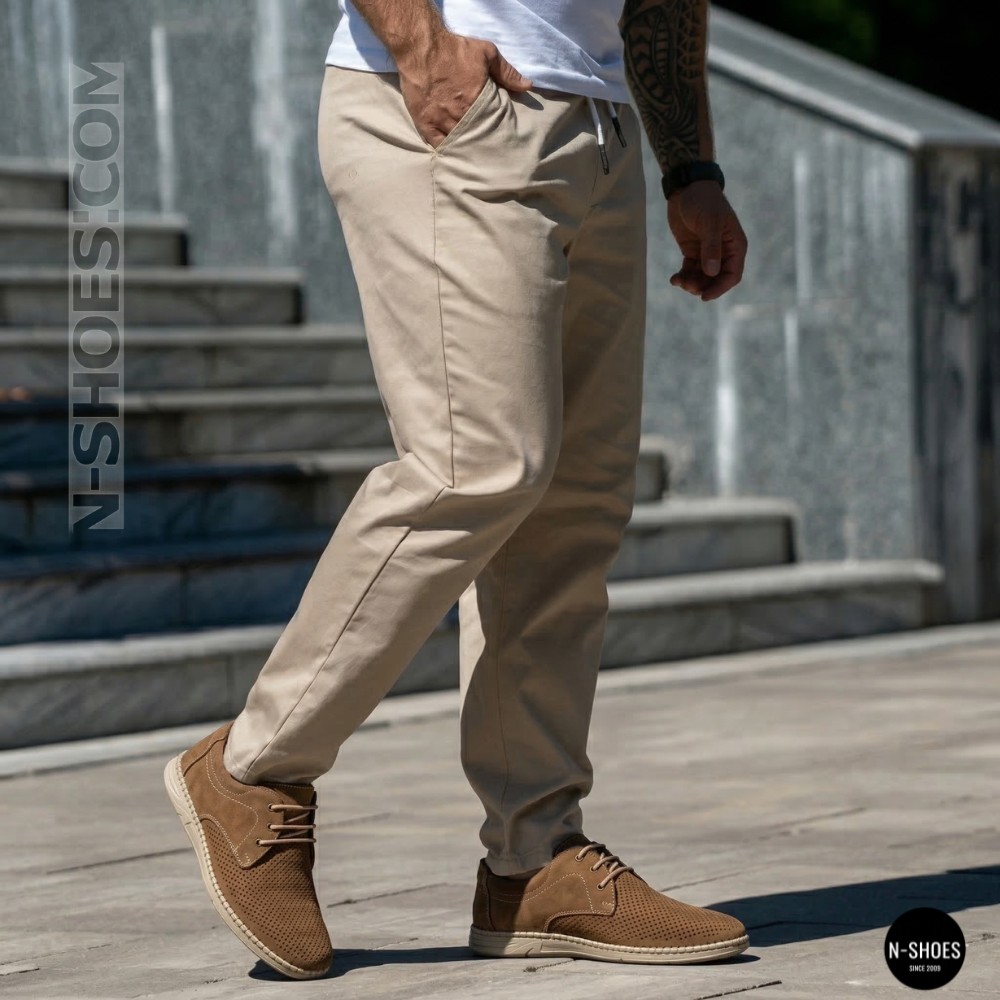 Чоловічі бежеві туфлі-мокасини з нубуку N-SHOES 211851 417 beige nubuk 6197