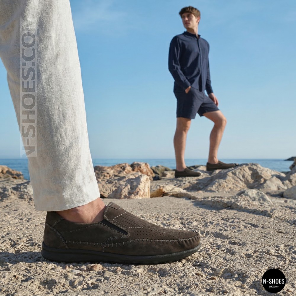 Літні шкіряні туфлі-мокасини N-SHOES Mens 211835 020 grey nubuck 6198