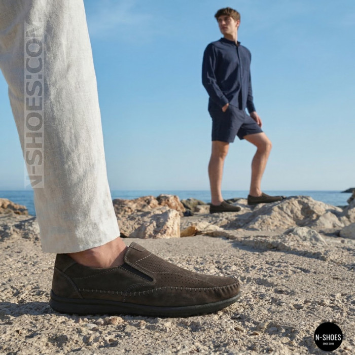 Літні шкіряні туфлі-мокасини N-SHOES Mens 211835 020 grey nubuck 6198