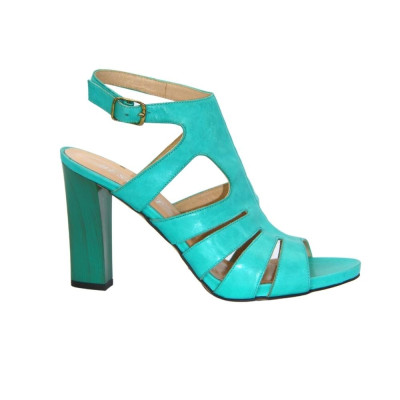 Women's green heeled sandals Best But Poland model 2296 made of genuine leather at a discount
