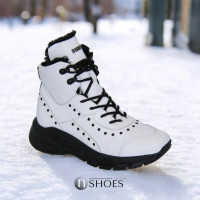 Women's white winter boots trainers SIMEN 1980 4820 with discount in genuine leather and natural wool uppers from Polish factory
