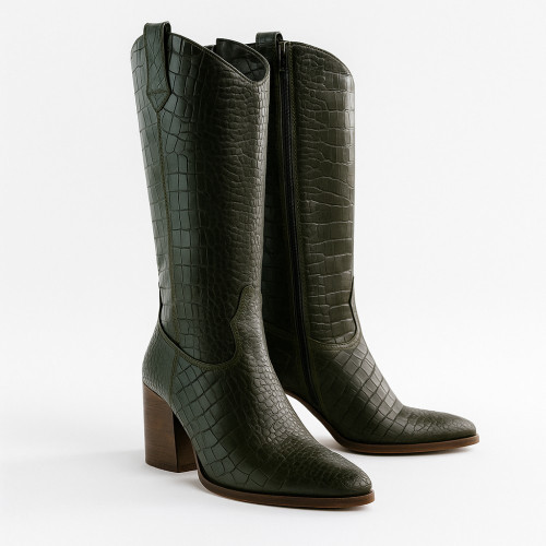 Женские кожаные демисезонные ботинки казаки NESSI 20777 4886 из натуральной кажи с эмитацией кожи крокодила от польской фабрики