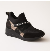 Жіночі чорні кросівки черевики La Via pn0-91013-1999-0093-13 5086 із натуральної шкіри із золотистими вставками та стразами від польського бренду