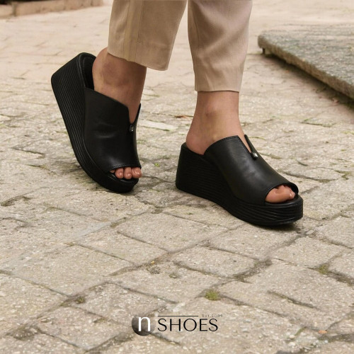 Женские черные кожаные шлепанцы на танкетке сабо Fabio Monelli Турция 171224 961-5-9-929 5241 элегантные из натруральной кожи