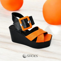 Women's fashionable black and orange clogs slippers on a high wedge Magza Türkiye SC-288-741-35 4984 made of genuine leather
