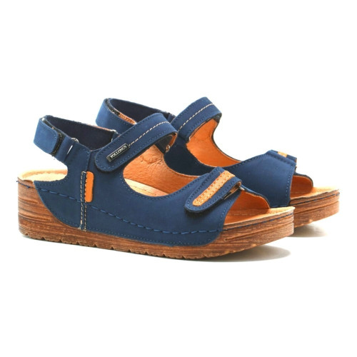 Women's blue leather sandals Pollonus Poland 5-0830-002 Granat Samuel 5008 on velcro with anatomical insole from the comfort series