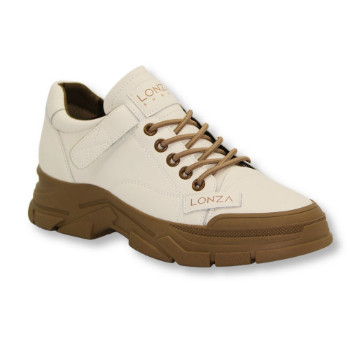 Women's demi-season leather sneakers Lonza 178983 01e-8651 milk-brown 5454