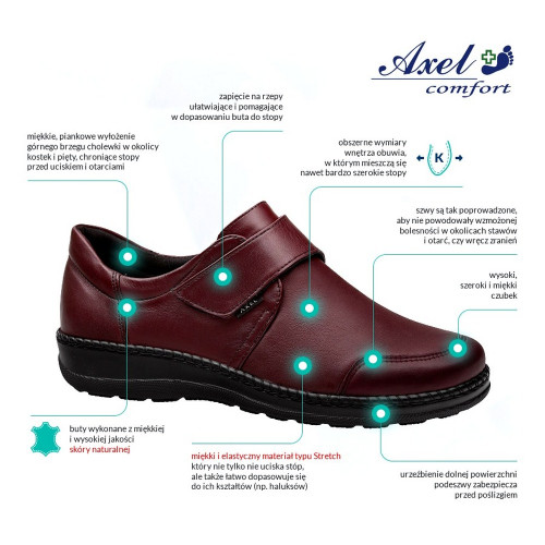 Женские кожаные на большой подъем ортопедические туфли Axel 1705 Rubin+Stretch 5540