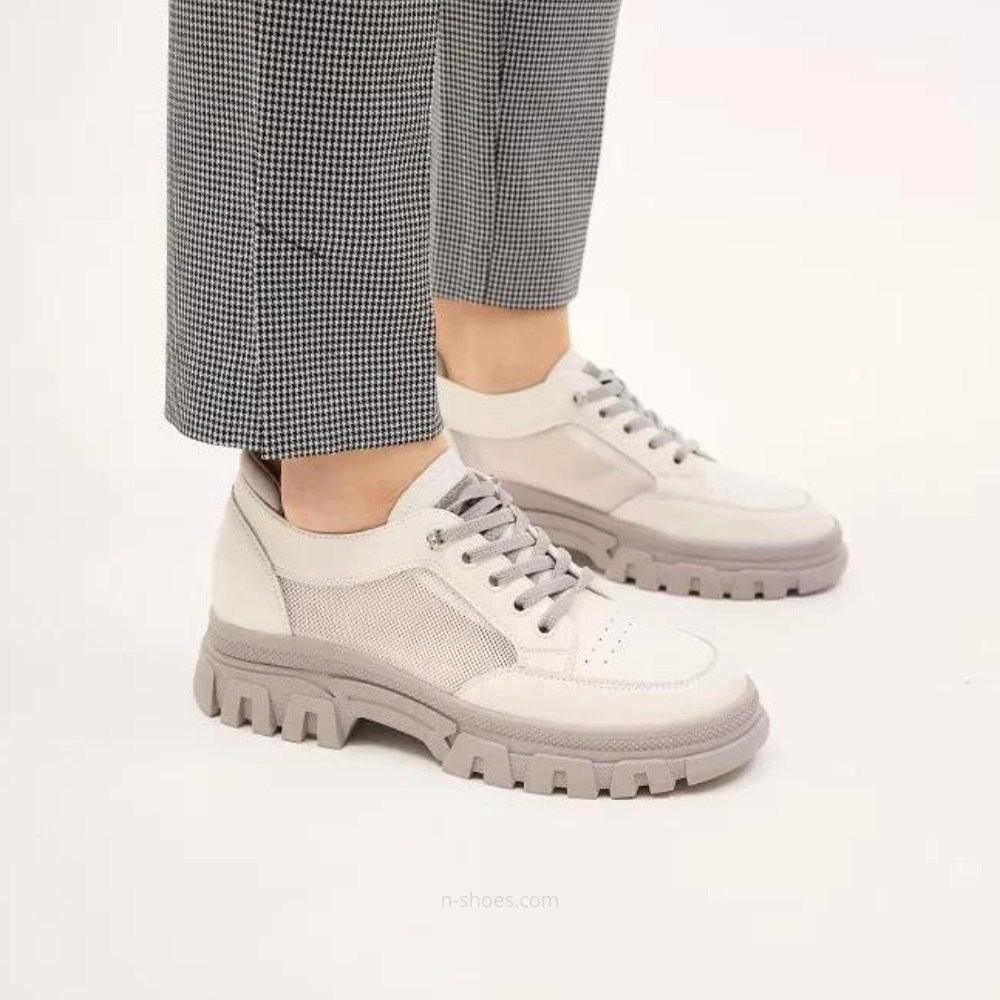 Women's white and gray leather sneakers with side perforations Lonza model 5620
