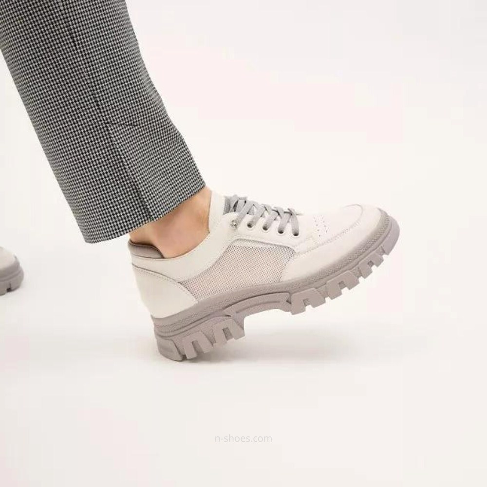 Women's white and gray leather sneakers with side perforations Lonza model 5620