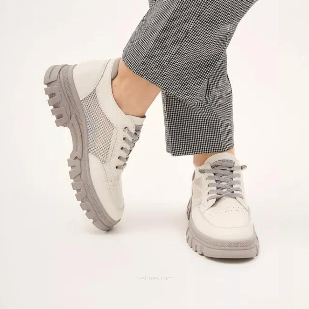 Women's white and gray leather sneakers with side perforations Lonza model 5620