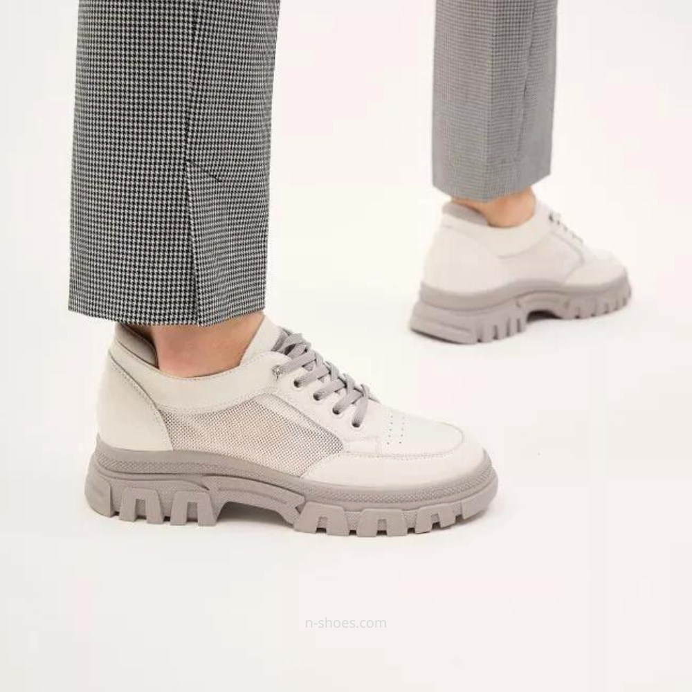 Women's white and gray leather sneakers with side perforations Lonza model 5620