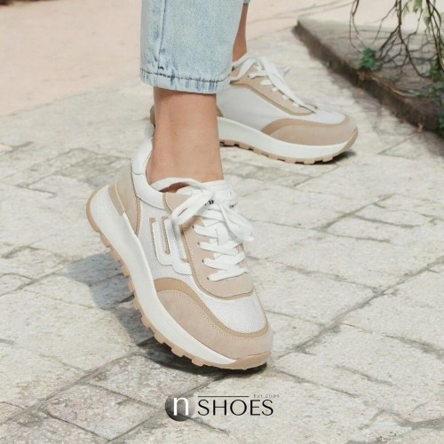 Женские бело-бежевые кожаные кроссовки с боковой перфорацией Lonza 185157 523-22031-3 white-beige 5621