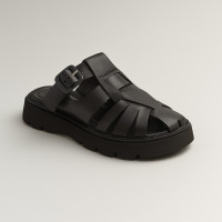 Women's black leather slippers with straps and closed toe with rough sole Fabio Monelli 186942 939-24543-128 black 5624