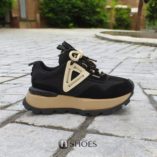 Жіночі модні шкіряні чорно-бежеві та двоколірним шнурком Lonza 185822 a09-23100-1 black 5632 демісезонні