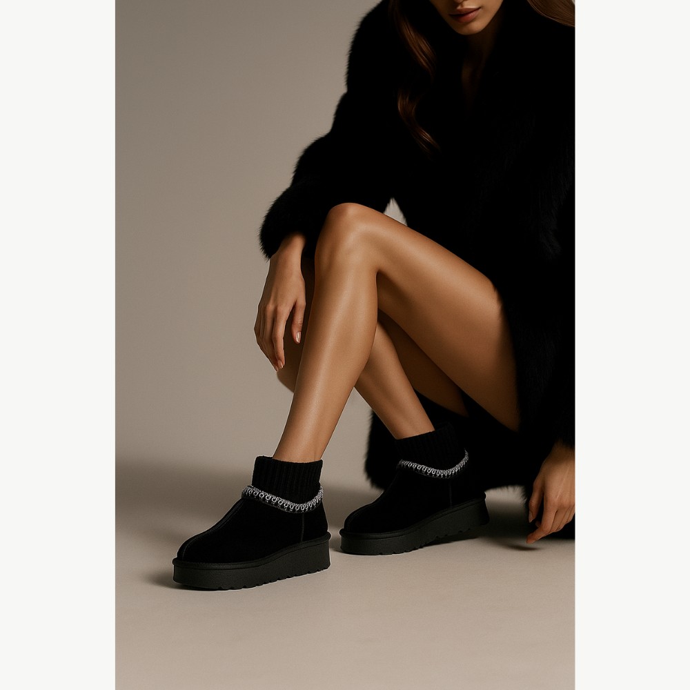 Women’s Black Winter Suede UGG-Style Boots ALLSY Lonza with Embroidery