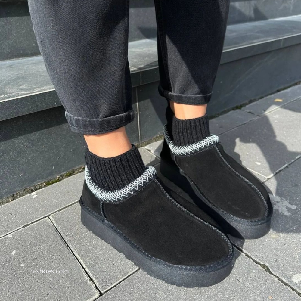 Women’s Black Winter Suede UGG-Style Boots ALLSY Lonza with Embroidery