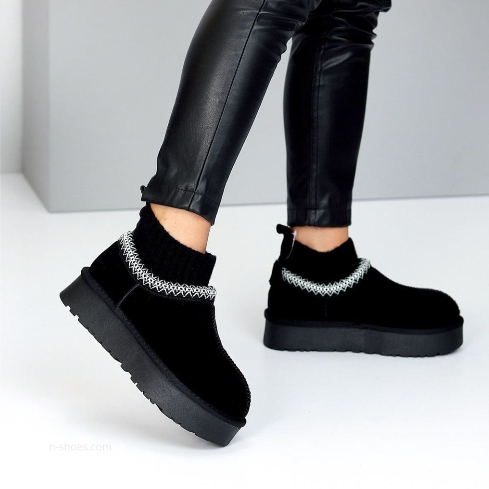 Women’s Black Winter Suede UGG-Style Boots ALLSY Lonza with Embroidery