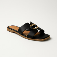 Women's Fashion Black BETSY 957027 10-03E 5805 Flat Sole Square Open Toe Polo Ralph Lauren Ring Slides