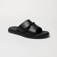 Women's stylish black flip-flops Romax Comfort 0861 5873 made of genuine leather with a decorative insert decorated with rhinestones