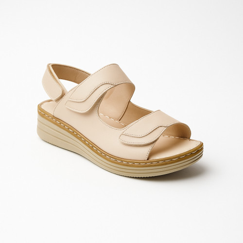 Женские комфортные бежевые босоножки Anna Lucci 200055 2028 beige 5883 на широкую ногу с липучками от турецкой фабрики